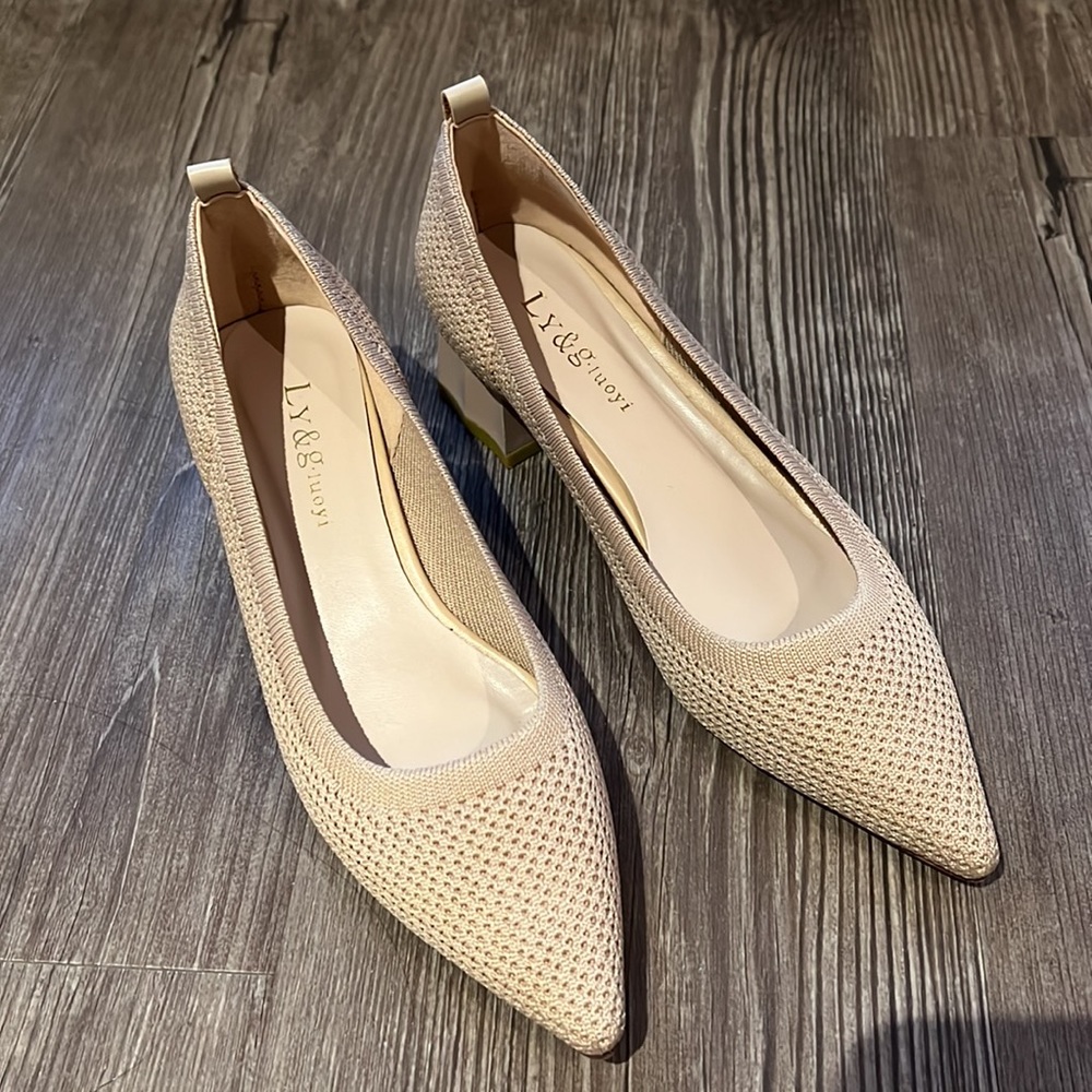Elegant Weave Woven Nude Cream Pointed Block Heels Shoes